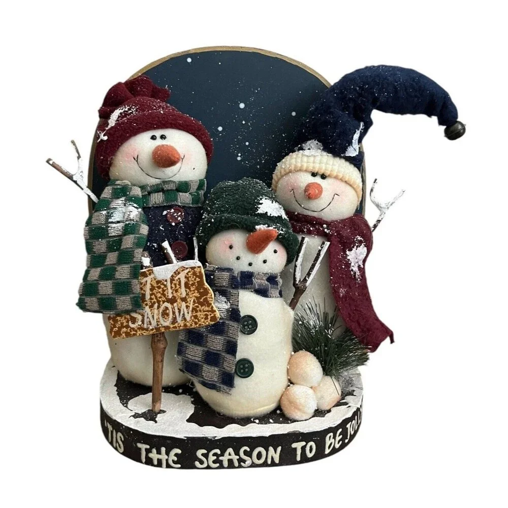Stuffed Snowman Family Of 3 Wood Let it Snow Tis the Season Christmas Decoration